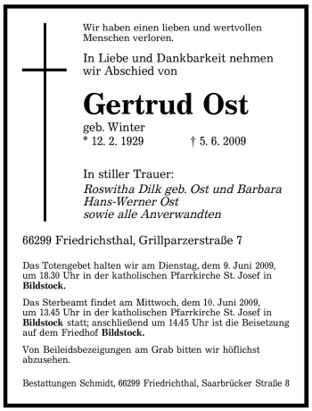 Todesanzeige von Gertrud Ost von SAARBRÜCKER ZEITUNG