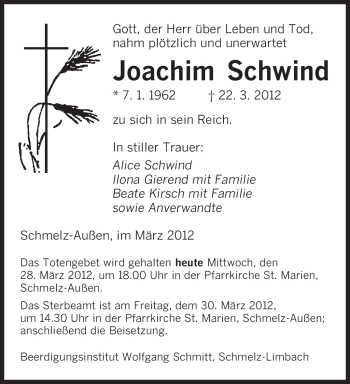 Todesanzeige von Joachim Schwind von SAARBRÜCKER ZEITUNG