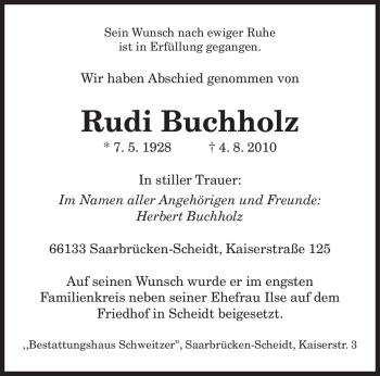 Todesanzeige von Rudi Buchholz von SAARBRÜCKER ZEITUNG