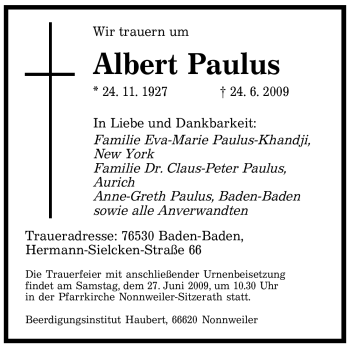 Todesanzeige von Albert Paulus von SAARBRÜCKER ZEITUNG