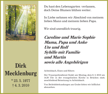 Todesanzeige von Dirk Mecklenburg von SAARBRÜCKER ZEITUNG