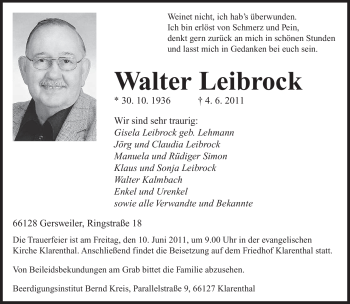 Todesanzeige von Walter Leibrock von SAARBRÜCKER ZEITUNG