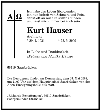 Todesanzeige von Kurt Hauser von SAARBRÜCKER ZEITUNG