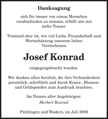 Todesanzeige von Josef Konrad von SAARBRÜCKER ZEITUNG