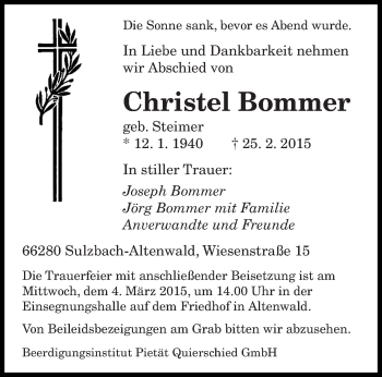 Todesanzeige von Christel Bommer von saarbruecker_zeitung