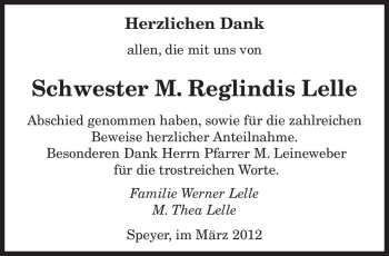 Todesanzeige von Reglindis Lelle von SAARBRÜCKER ZEITUNG