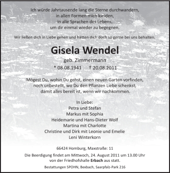 Todesanzeige von Gisela Wendel von SAARBRÜCKER ZEITUNG