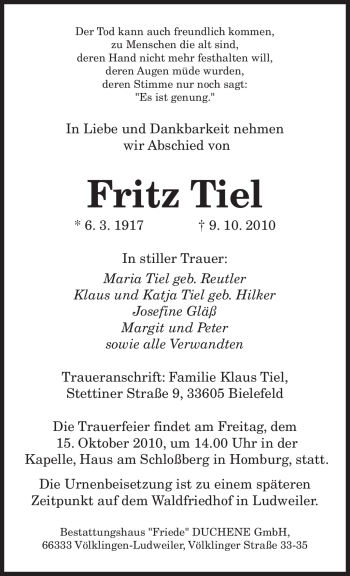 Todesanzeige von Fritz Tiel von SAARBRÜCKER ZEITUNG