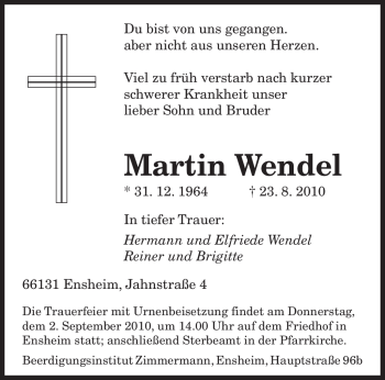 Todesanzeige von Martin Wendel von SAARBRÜCKER ZEITUNG