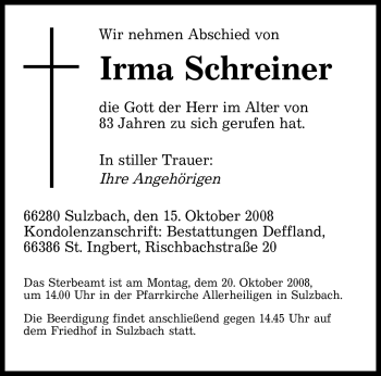 Todesanzeige von Irma Schreiner von SAARBRÜCKER ZEITUNG