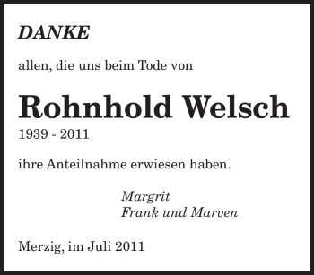 Todesanzeige von Rohnhold Welsch von SAARBRÜCKER ZEITUNG