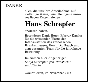 Todesanzeige von Hans Schrepfer von SAARBRÜCKER ZEITUNG