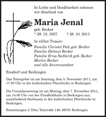 Todesanzeige von Maria Jenal von SAARBRÜCKER ZEITUNG