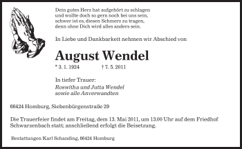 Todesanzeige von August Wendel von SAARBRÜCKER ZEITUNG
