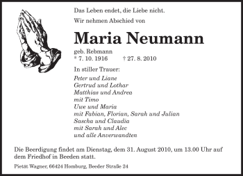 Todesanzeige von Maria Neumann von SAARBRÜCKER ZEITUNG