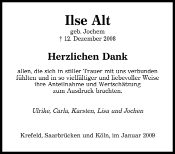 Todesanzeige von Ilse Alt von SAARBRÜCKER ZEITUNG