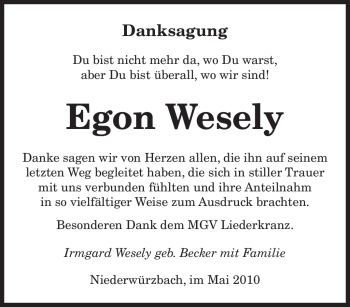 Todesanzeige von Egon Wesely von SAARBRÜCKER ZEITUNG