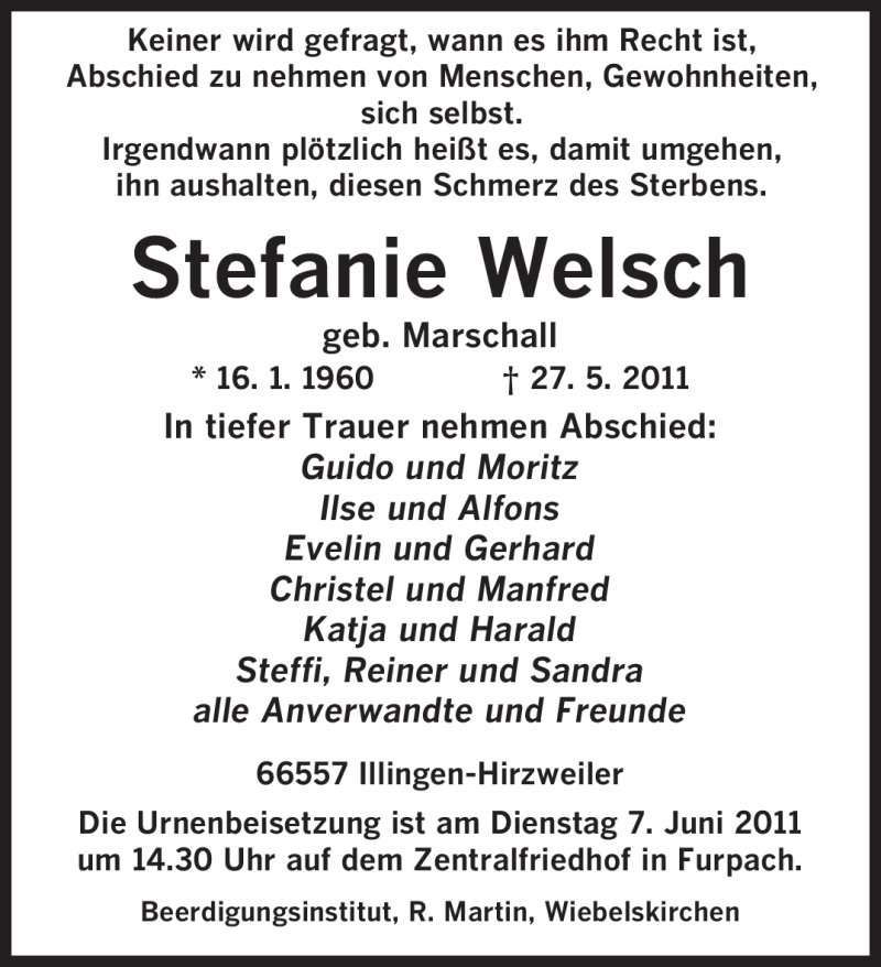  Traueranzeige für Stefanie Welsch vom 06.06.2011 aus SAARBRÜCKER ZEITUNG