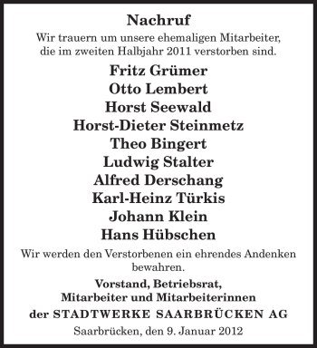 Todesanzeige von Johann Klein von SAARBRÜCKER ZEITUNG