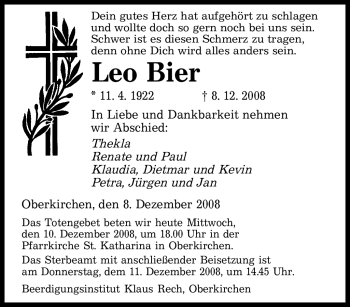 Todesanzeige von Leo Bier von SAARBRÜCKER ZEITUNG