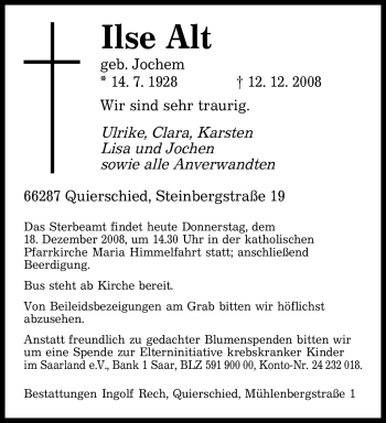 Todesanzeige von Ilse Alt von SAARBRÜCKER ZEITUNG