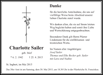 Todesanzeige von Charlotte Sailer von saarbruecker_zeitung