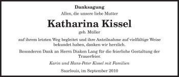 Todesanzeige von Katharina Kissel von SAARBRÜCKER ZEITUNG