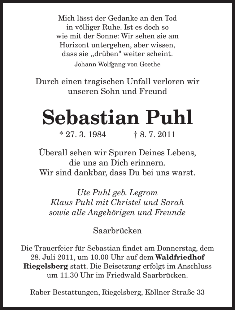  Traueranzeige für Sebastian Puhl vom 23.07.2011 aus SAARBRÜCKER ZEITUNG