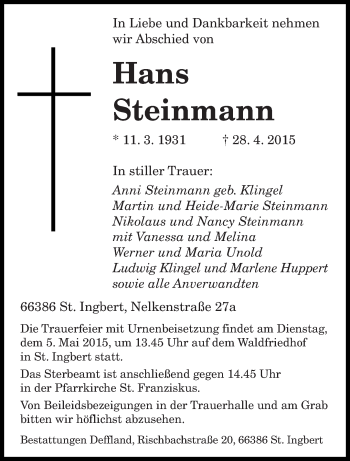 Todesanzeige von Hans Steinmann von saarbruecker_zeitung