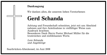 Todesanzeige von Gerd Schanda von SAARBRÜCKER ZEITUNG