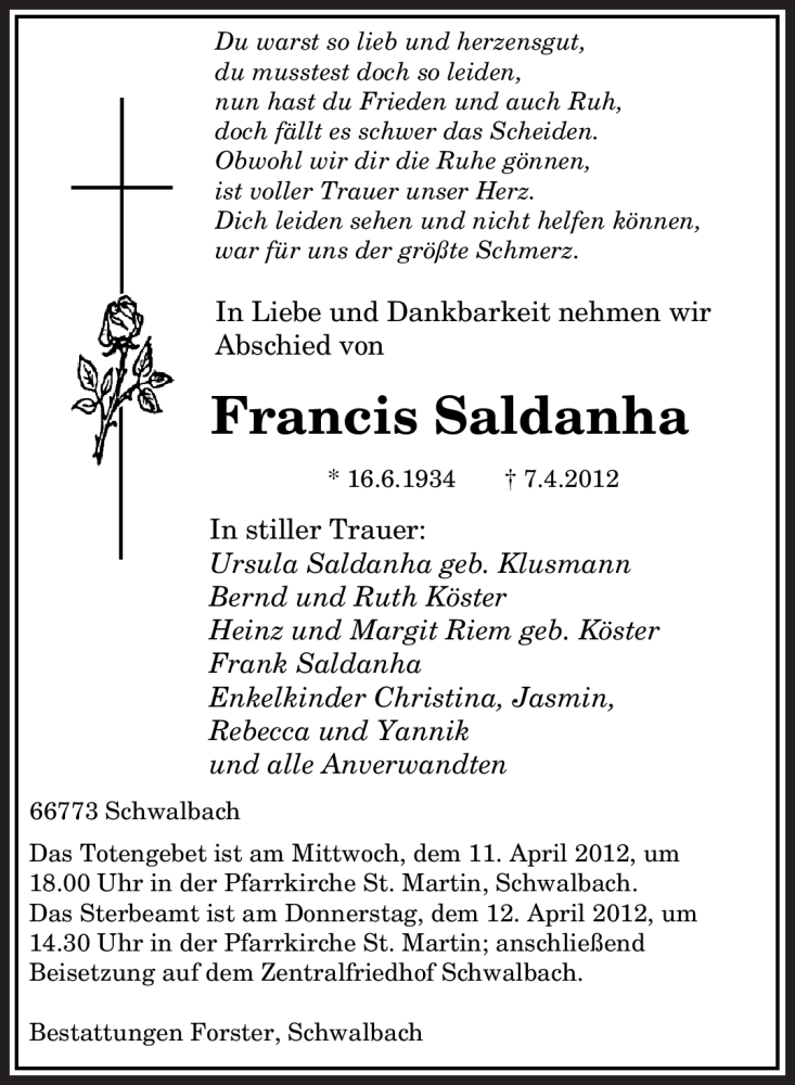  Traueranzeige für Francis Saldanha vom 10.04.2012 aus SAARBRÜCKER ZEITUNG