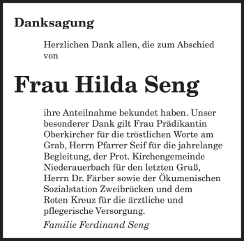 Todesanzeige von Hilda Seng von SAARBRÜCKER ZEITUNG