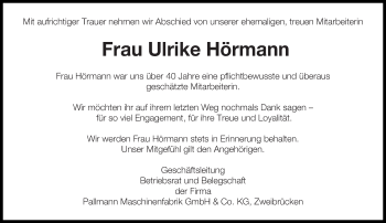 Todesanzeige von Ulrike Hörmann von saarbruecker_zeitung