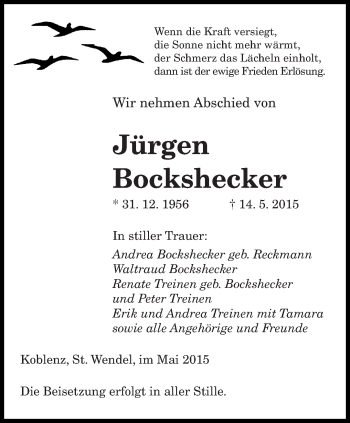 Todesanzeige von Jürgen Bockshecker von saarbruecker_zeitung
