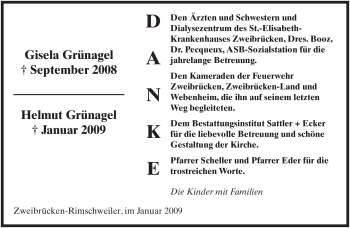 Todesanzeige von Gisela & Helmut Grünagel von SAARBRÜCKER ZEITUNG