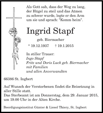 Todesanzeige von Ingrid Stapf von saarbruecker_zeitung