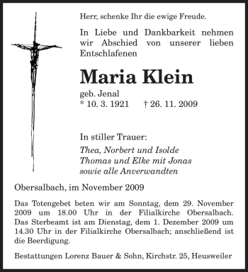 Todesanzeige von Maria Klein von SAARBRÜCKER ZEITUNG