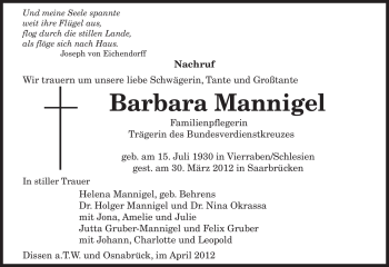 Todesanzeige von Barbara Mannigel von SAARBRÜCKER ZEITUNG