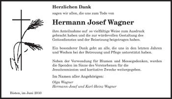 Todesanzeige von Hermann Josef Wagner von SAARBRÜCKER ZEITUNG