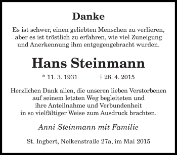 Todesanzeige von Hans Steinmann von saarbruecker_zeitung