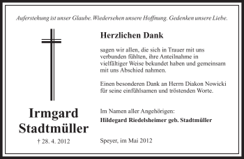 Todesanzeige von Irmgard Stadtmüller von SAARBRÜCKER ZEITUNG