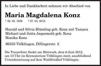 Todesanzeige von Maria Magdalena Konz von SAARBRÜCKER ZEITUNG