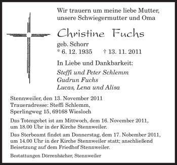 Todesanzeige von Christine Fuchs von SAARBRÜCKER ZEITUNG