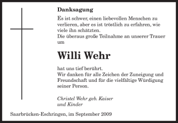 Todesanzeige von Willi Wehr von SAARBRÜCKER ZEITUNG