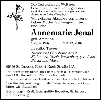 Todesanzeige von Annemarie Jenal von SAARBRÜCKER ZEITUNG