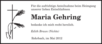 Todesanzeige von Maria Gehring von SAARBRÜCKER ZEITUNG