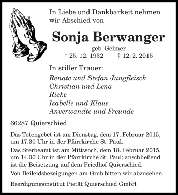 Todesanzeige von Sonja Berwanger von saarbruecker_zeitung