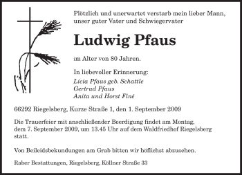 Todesanzeige von Ludwig Pfaus von SAARBRÜCKER ZEITUNG