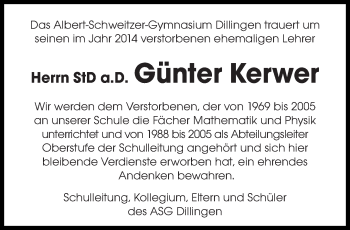 Todesanzeige von Günter Kerwer von saarbruecker_zeitung