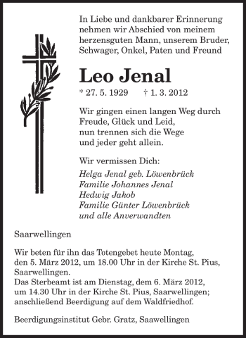 Todesanzeige von Leo Jenal von SAARBRÜCKER ZEITUNG